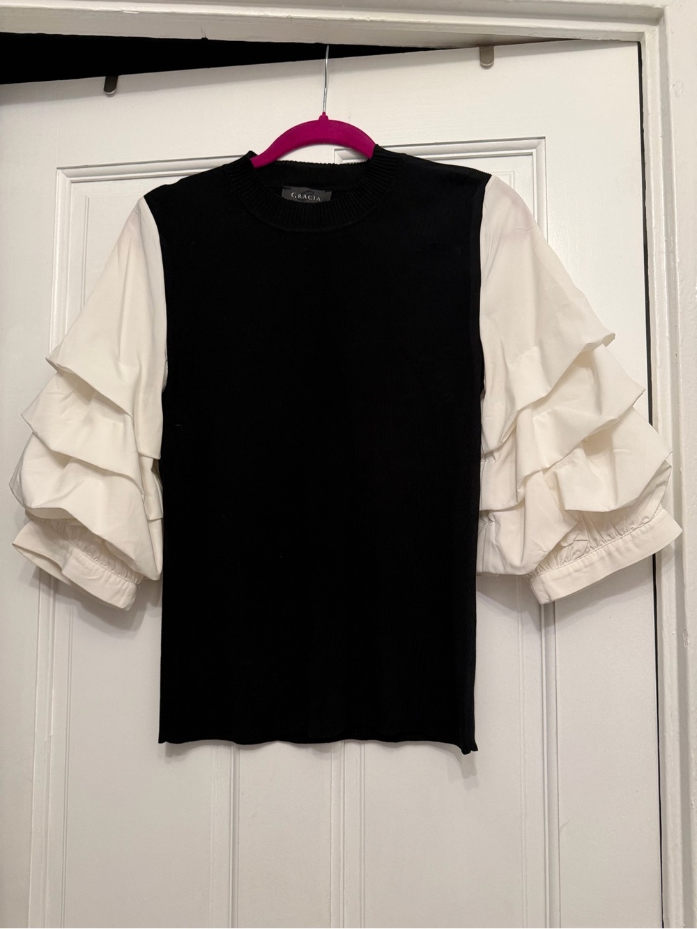 Gracia Black Knit Top with White Tiered Puff Sleeves